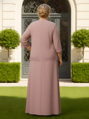 Lace Trim Two-Piece Chiffon Maxi Suit Dusty Rose