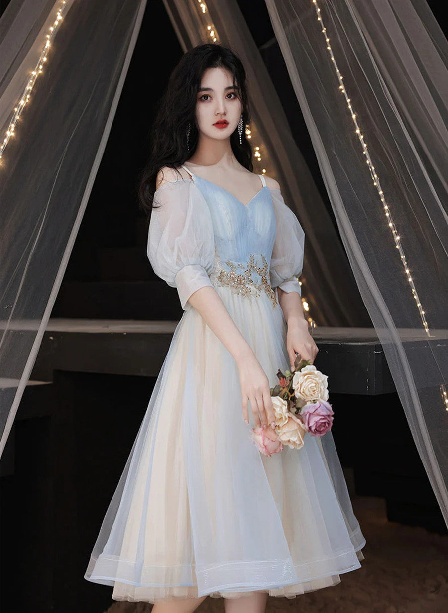 Lovely Short Prom Dress Blue Homecoming Dress, V-neckline Short Graduation Dress
