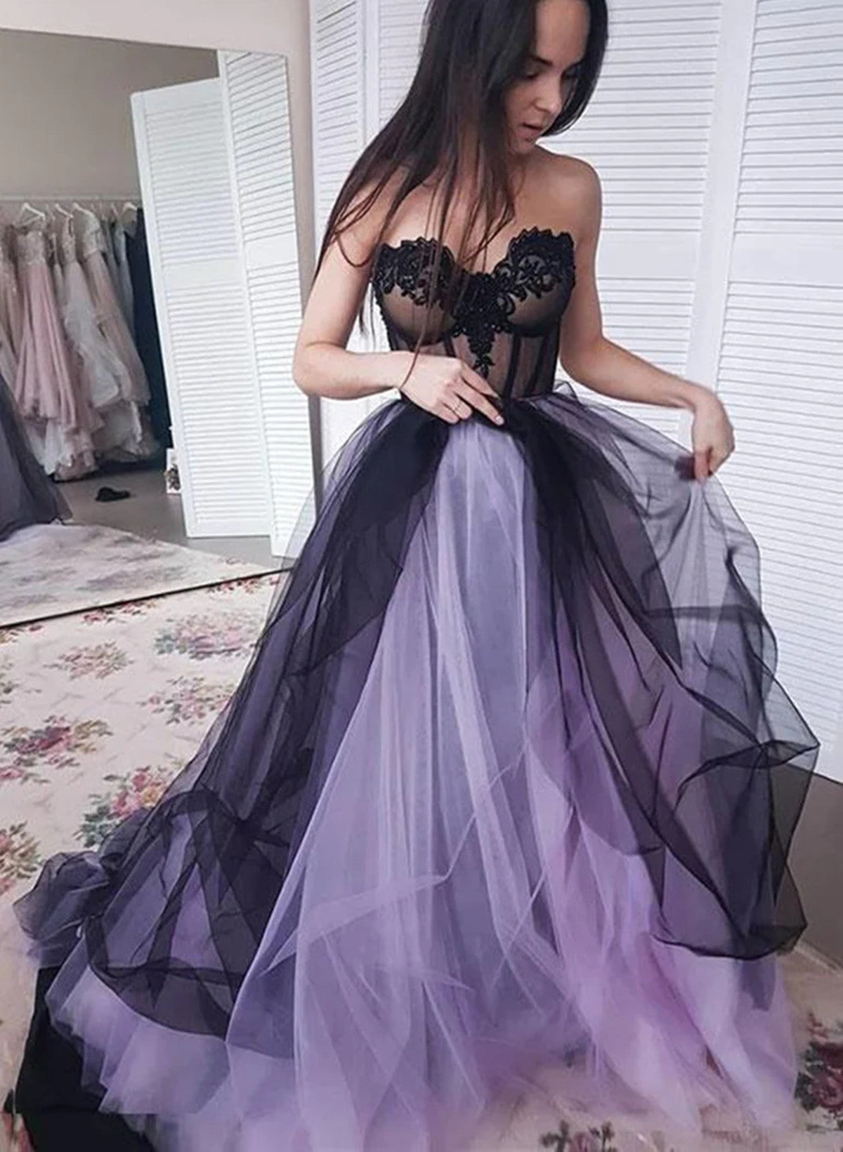 Lovely Black and Purple Tulle Lace Party Dress, A-line Sweetheart Party Dress