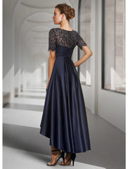 A-Line Mother of the Bride Dress Wedding Guest Elegant High Low Scoop Neck Asymmetrical Tea Length Satin Lace Short Sleeve