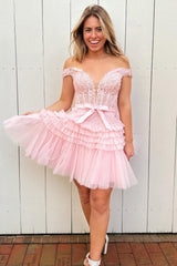 Pink Tulle Off-the-Shoulder Bow Tiered Short Party Dress with Ruffles