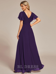 A Line Double V Neck Ruffle Backless High Low Chiffon formal dresses Bridesmaid Dresses evening gown Prom Dress