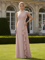 High Neck Pleated A-Line Ruffle Gown Dusty Rose