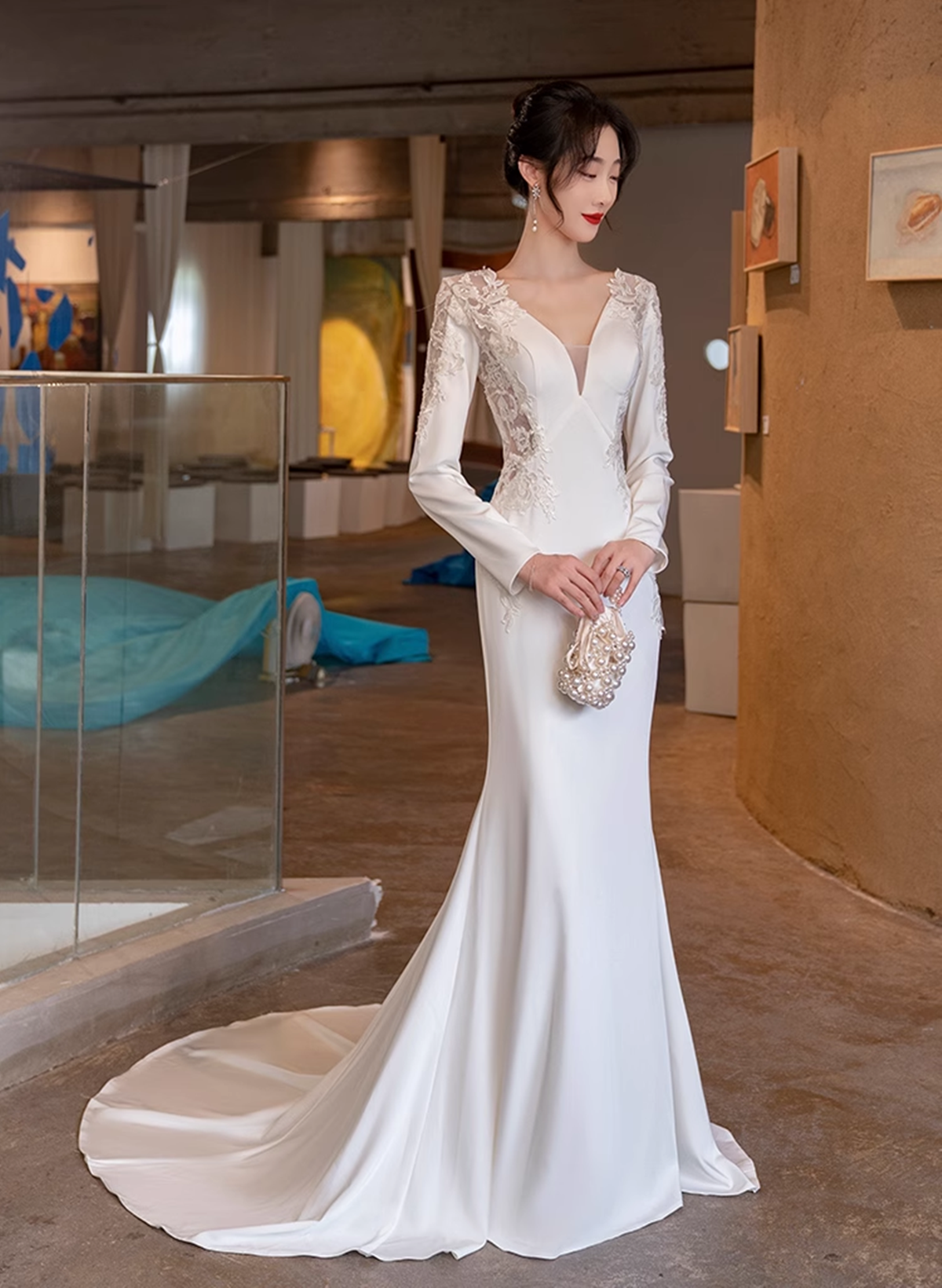 White Satin Mermaid Long Sleeves with Lace Wedding Party Dress, White Long Formal Dress