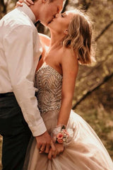 Elegant Strapless Champagne Wedding Dress with Beads