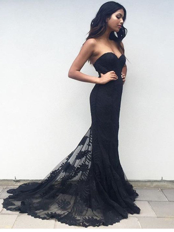 Custom Made Sweetheart Neck Mermaid Black Lace Prom Dresses, Black Lace Formal Dresses, Bridesmaid Dresses