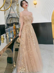 Champagne Tulle Long Party Dress Formal Dress, A-line Off Shoulder Prom Dress