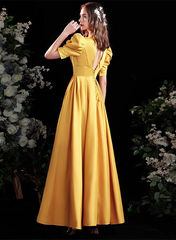 Yellow Satin A-line Long Prom Dress with Sleeves, Yellow Floor Length Evening Dress Party Dress