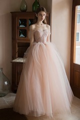 Off Shoulder Pink Tulle Long Formal Dress, A-line Princess Prom Dress Evening Dress