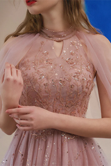 Pink Halter Tulle with Beaded Short Homecoming Dress, Pink Short Prom Dress