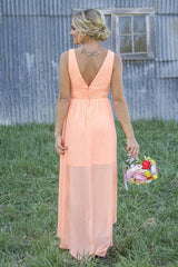 High Low Peach Long Bridesmaid Dress with Appliques