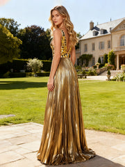 Metallic Finish Plunging Neckline Maxi Dress Gold