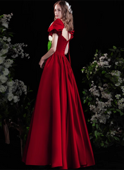 Wine Red Short Sleeves Scoop Long Party Dress, Wine Red Satin Prom Dress Formal Dress