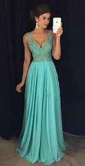 V-neck Beaded Prom Dress Long, Evening Dress, Graduation School Party Gown