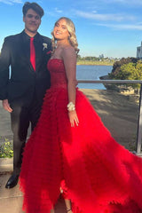 Tiered Light Blue Strapless A-Line Prom Dress with Slit