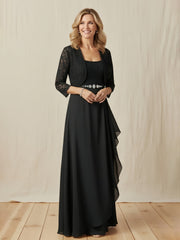A-Line Floor Length Pleated Gown with 3/4 Sleeves Shrug Black