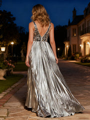 Metallic Finish Plunging Neckline Maxi Dress Silver