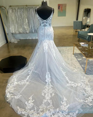 Floral Lace Plunge V Trumpet Long Bridal Gown