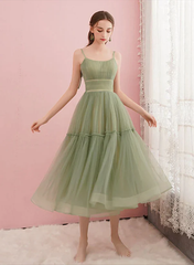 Light Green Tulle Straps Tea Length Party Dress, Light Green Tulle Homecoming Dress