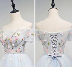 Lovely Light Blue Tulle Knee Length Homecoming Dress, Cute Floral Party Dress