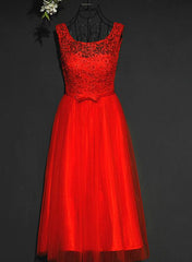 Pretty Red Tulle and Lace Tea Length Party Dress, Red Bridesmaid Dress