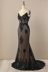 Black Mermaid Lace Straps Evening Dress Party Dress, Black Long Prom Dress