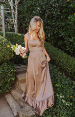 A-line Square Neck Ruffle Satin formal dresses Bridesmaid Dresses evening gown Prom Dress with Slit