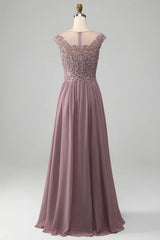 A-line Beaded Chiffon Round Neck Maxi Mother of the Bride Dress