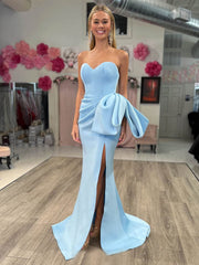 Light Blue Sweetheart Mermaid Satin Long Prom Dress with Bow