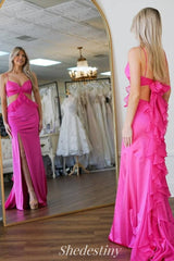 Hot Pink Side Cutout Mermaid Slit Prom Dress with Backside Ruffle Ruching