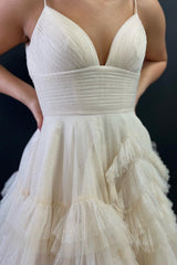 Pink Tulle High-Waist Tiered Long Prom Dress with Ruffles