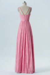 Pink V-Neck Embroideried Double Straps Bridesmaid Dress