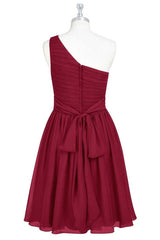 Wine Red Chiffon One-Shoulder A-Line Short Bridesmaid Dress