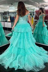 Princess Tulle Off-the-Shoulder Tiered A-Line Prom Gown