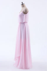 Roze Fourcound Chiffon-riemen A-lijn lange bruidsmeisje jurk