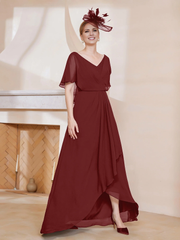 V-neck ruffle sleeves asymmetrical mother of the bride dress
