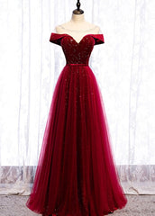 Glam Wine Red Tulle with Velvet Long Party Dress, Dark Red Formal Dress Prom Dress
