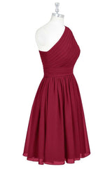 Wine Red Chiffon One-Shoulder A-Line Short Bridesmaid Dress