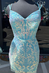 Aqua Blue Sequin Lace Short Cocktail Dress with Spaghetti Straps