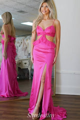 Hot Pink Side Cutout Mermaid Slit Prom Dress with Backside Ruffle Ruching