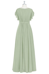 Sage Green Crew Neck Ruffles A-Line Long Bridesmaid Dress