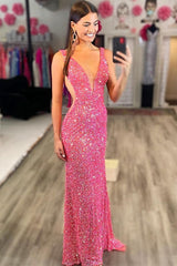 White Sequin V-Neck Mermaid Long Formal Dress