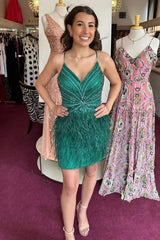 Purple Beaded Feather Lace-Up Back Short Homecoming Dress