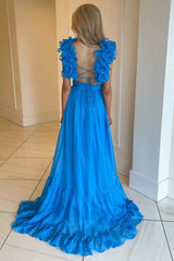 Magenta Chiffon Lace-Up Ruffle Belted A-Line Prom Dress
