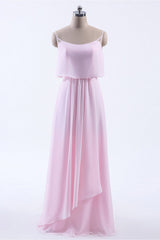 Roze Fourcound Chiffon-riemen A-lijn lange bruidsmeisje jurk