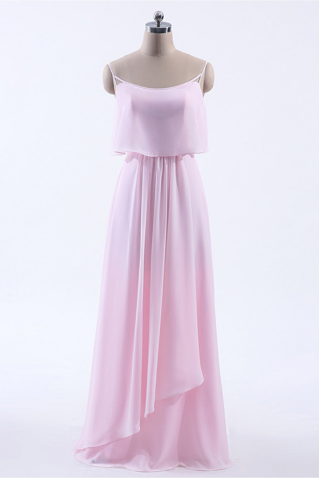 Roze Fourcound Chiffon-riemen A-lijn lange bruidsmeisje jurk