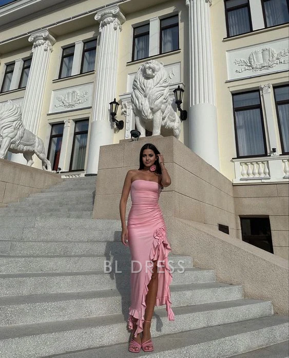 Sheath Strapless Ruffle Pink Slit formal dresses Bridesmaid Dresses evening gown Prom Dress