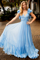 Magenta Chiffon Lace-Up Ruffle Belted A-Line Prom Dress