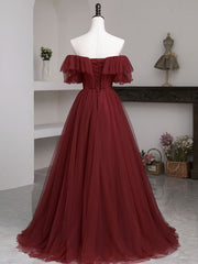 Simple burgundy tulle A line evening dress, burgundy evening dress