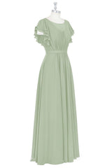 Sage Green Crew Neck Ruffles A-Line Long Bridesmaid Dress